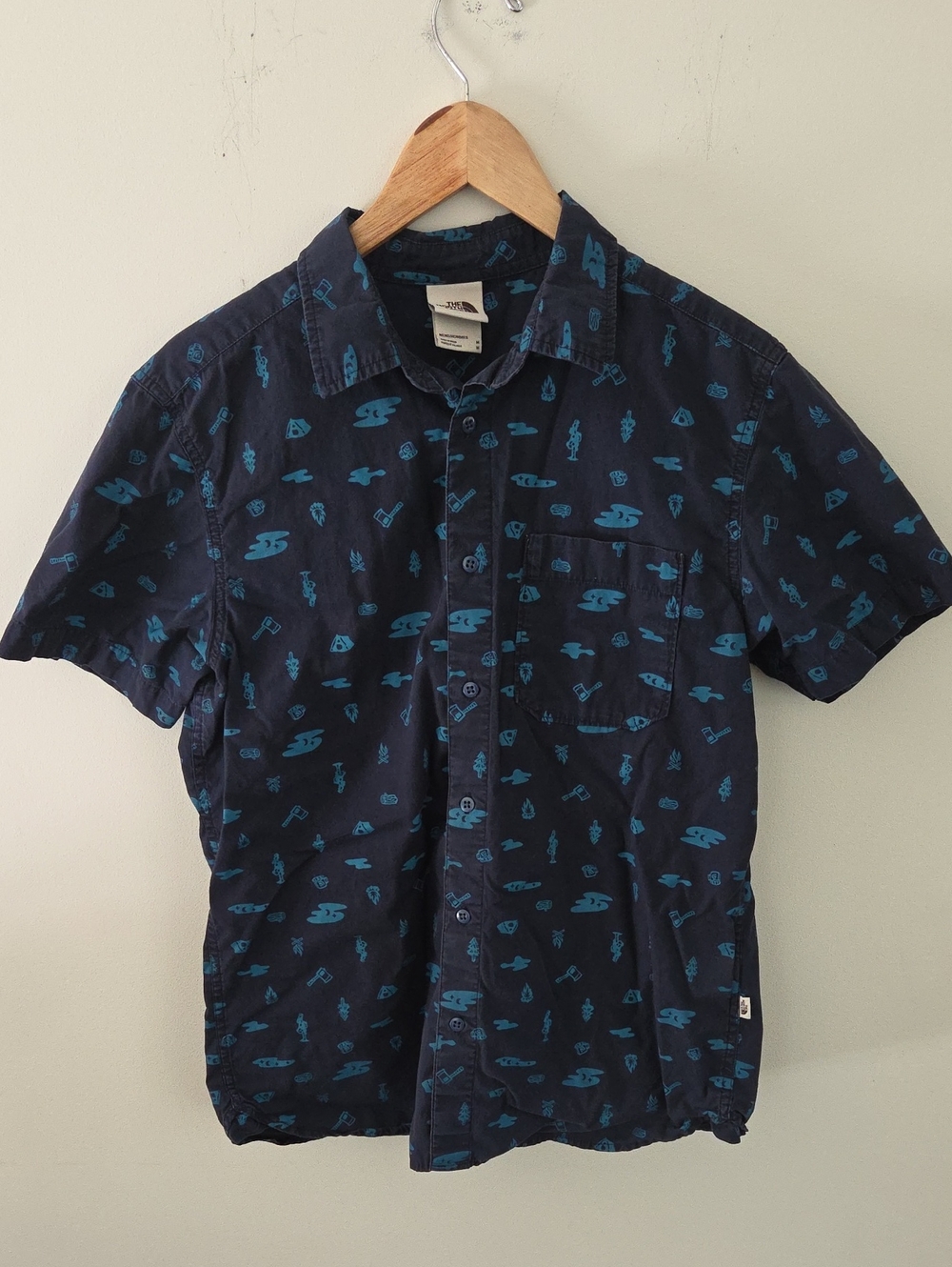 The North Face Navy Short-Sleeve Button-Up with Teal Camping Print